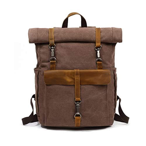 Image of FANDARE Retro Backpack Roll-top School Bag Canvas Hiking Daypacks Unisex Knapsack Travel Rucksack fits 15.6 Inch Laptop for Women Men Work Commuter College School Leather Bookbag Brown