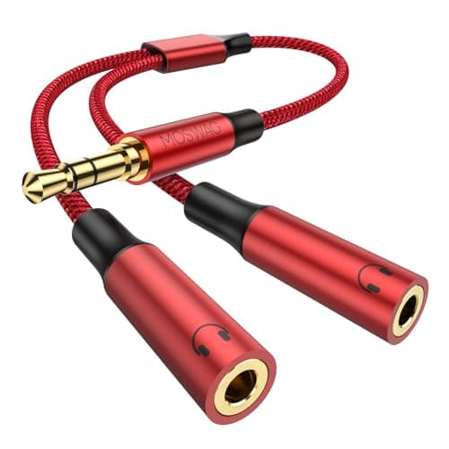 Image of MOSWAG Earphone Splitter Adapter, 3.5mm Male to Audio Microphone Y Splitter Cable, Dual 3.5mm Female Audio for iPhone, Samsung, PS4, Switch, Tablets, PC, Laptop, MP3