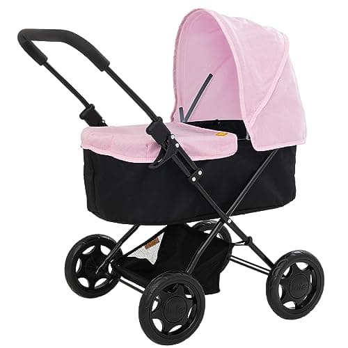 Image of Joie Baby Doll Pram | Kids Pushchair with Removable Apron & Adjustable Hood | Black & Pink Lightweight Folding Stroller with Underseat Storage | Toy Travel System for Ages 3+