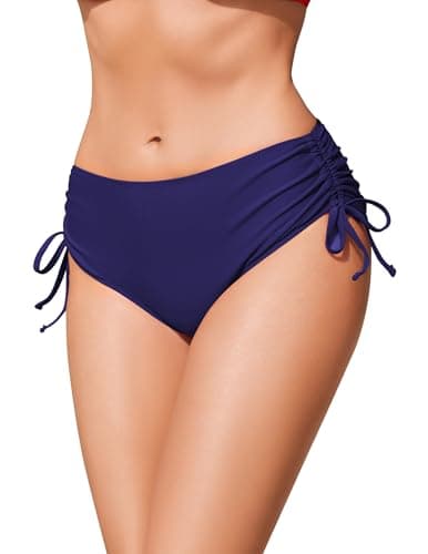 Image of Ekouaer Women's Bikini Bottoms Adjustable Drawstring with Side Tie Stretchy Swimsuit Swim Bottom Mid Waist Swimwear Swimming Briefs Navy L