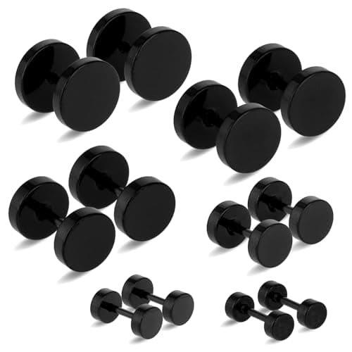 Image of 6 Pairs Earrings Black Stud for Men Women Stainless Steel Earrings 4-10mm Round Ear Studs Ears Plugs Screw Studs