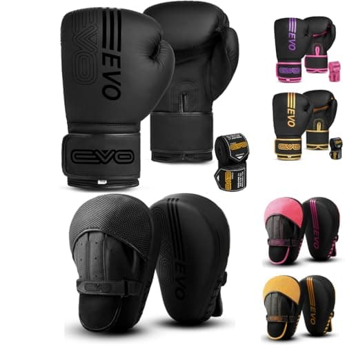 Image of EVO Fitness Matte Black Boxing Gloves and Pads Set Punching Focus Mitts Hook and Jab Hand Target Strike Shield Training Sparring MMA Martial Arts Muay Thai Kickboxing Karate Men Women (14 OZ, Black)