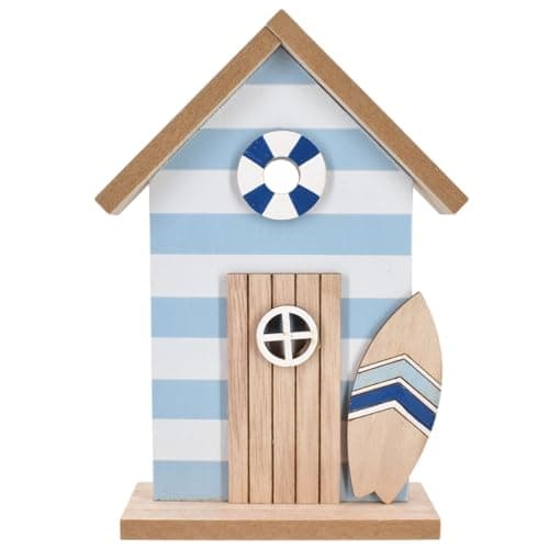 Image of Beach Hut Ornament | 20cm Nautical Wooden Beach House Coastal Shelf Decoration with Surfboard & Life Ring