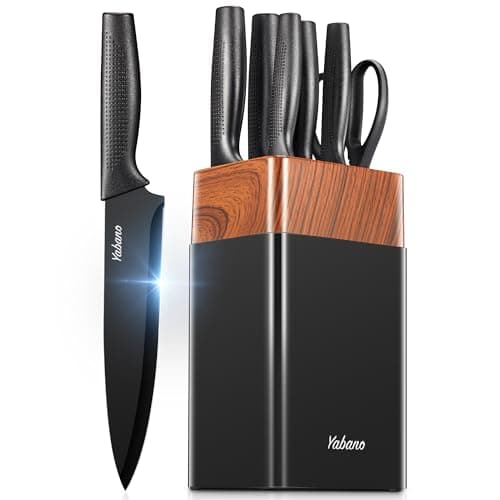 Image of Knife Set, Yabano 7 Pieces Kitchen Knife Set with Universal Plastic Knife Block, Knife Block Set with Built-in Sharpener, Black Kitchen Knives for Chopping, Slicing, Dicing & Cutting