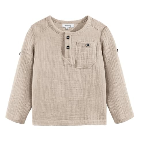 Image of Volunboy Toddler Boys Long Sleeve Henley Shirt Light Cotton Button Down Tshirt Top with Pocket 1-5 Years(Khaki,1-2 Years,Tag Size 90)