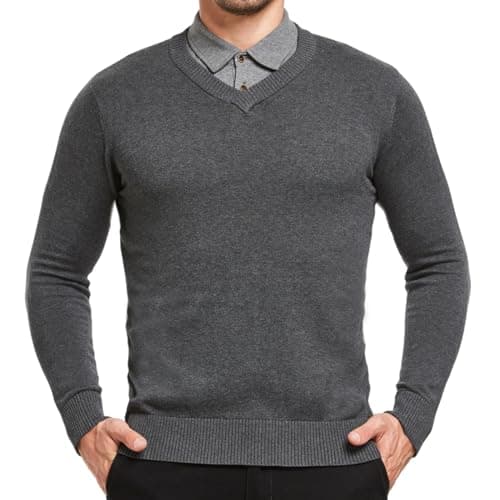 Image of JustSun Mens Jumper Classic Sweater with V-Neck and Long Sleeve Grey Small