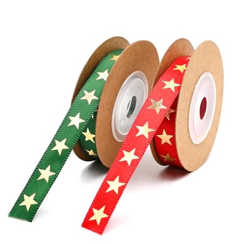 Image of 2rolls 10mm 5yard Gold Star Red Green Craft Cotton Ribbon, Wrapping Rope Merry Christmas Pattern for DIY Birthday Present Package Favor Party Decorations
