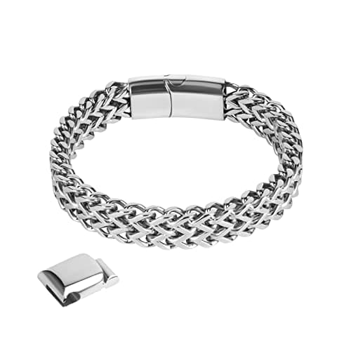 Image of flintronic Men's Strong Antique Silver Bracelet, Fashion Retro 23cm+1.5cm Extension BuckleTitanium Steel Simple Six-sided Flat Denim Bracelet,Jewellery Gift for Boyfriend Husband Father - Silver