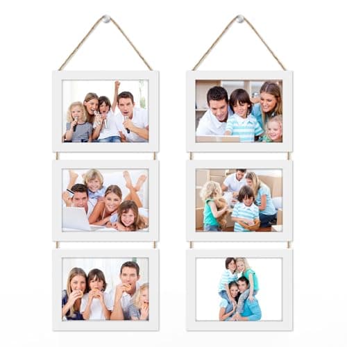 Image of Photo Frames with Twine Multiple Pictures, Kaluofan 2PCS 3 Pictures Hanging Photo Frame, Triple Wood Hanging Picture Frames for Wall Door Hanging in Home, Living Room, Bedroom, Office (13*18CM White)