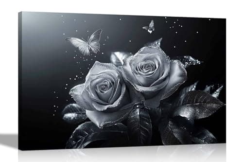Image of Artley Prints - Dust Silver Roses Butterflies Canvas Prints Pictures for Living Room Conservatory Hallway Home Office Hanging Large 86 x 61cm (34 x 24 inches) A1