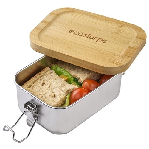Image of EcoSlurps Small Stainless Steel Lunchbox & leakproof Bamboo Lid - British design using 70% Recycled 304 Food-Grade Steel and clips. Plastic-Free, British lunch Bento Box Kids & Adults (1, 550ml)