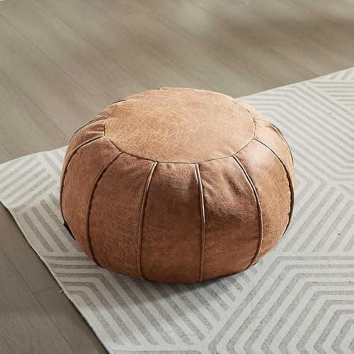 Image of Louis Donné Unstuffed Round Supersoft Handmade Faux Leather Pouffe Ottoman Cover - Multi-Use Storage Solution Foot Rest Footstool Seat for Balcony Office Living Room Indoor (Cognac Brown)