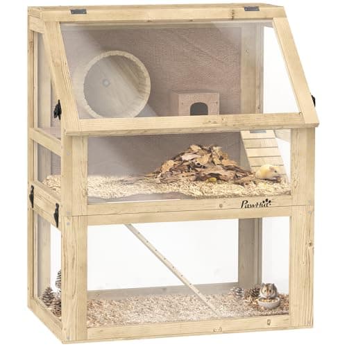 Image of PawHut Wooden Hamster Cage, 3 Tier Gerbil Cage with Detachable 32cm Deep Bottom, Hut, Seesaw, Exercise Wheel, Ramps, Natural Wood Finish