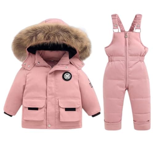 Image of Toddler Snow Suit Winter Baby Two Piece Puffer Down Jacket Coat with Snow Bib Pants Boys Girls Ski Suit Clothing Pink 3-4 Years