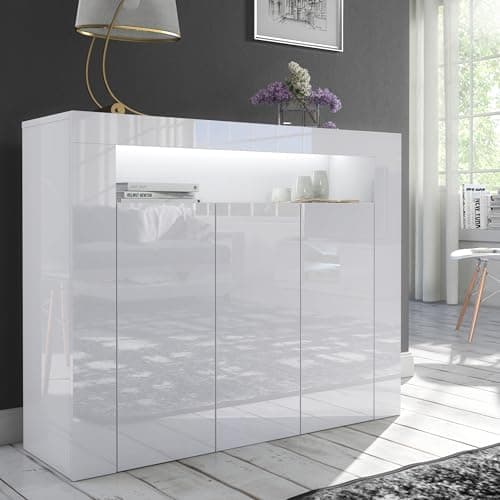 Image of Furneo Clifton 04 – 3-Door Sideboard Cabinet, Matt & High Gloss White Finish, white LED Lights