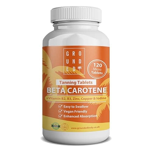 Image of Grounded Beta Carotene Tanning Tablets | 120 Tablets, 4 Month Supply | with Zinc, Vitamin A, B2, B3, Copper & Iodine | High Strength Antioxidant Support | Vegan-Friendly & Made in the UK