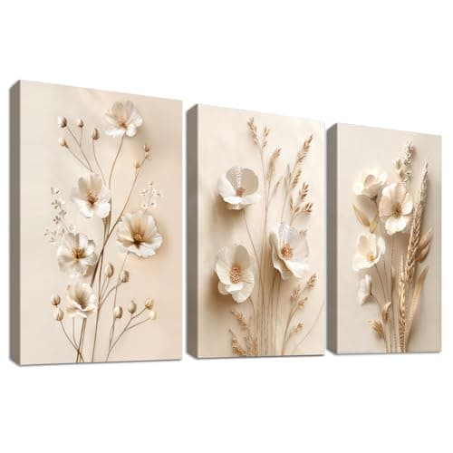 Image of Set of 3 Wooden Framed Neutral Beige Floral Canvas Wall Art Minimalist Botanical Floral Painting on Canvas Prints Vintage Beige Flower Pictures for Living Room Bedroom Hallway Wall Decor 30x40cm x3pcs