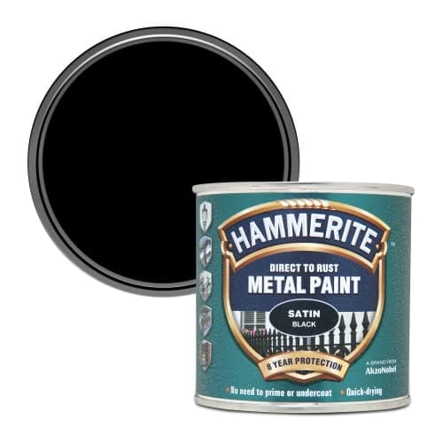 Image of Hammerite Direct to Rust Satin Metal Paint - Black - 250ML