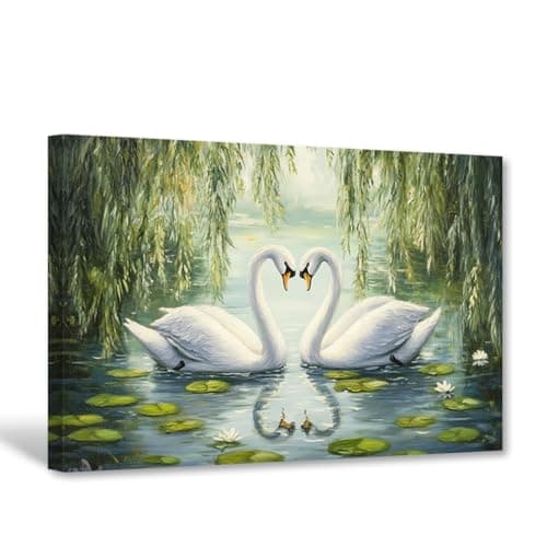 Image of CXHOSTENT Swan Canvas Wall Art Animal Print Paintings Swan Couple Pictures Rustic Bathroom Country Office Decor Framed (45L x 30W cm)