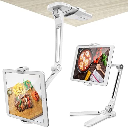 Image of AboveTEK Tablet Mount - Wall & Table Mount, Height Adjustable & 360° Rotatable, Tablet Stand Compatible with Cell Phone, iPad, Kindle, Bed, Kitchen, Wall (4.7-13.5 inches) - White