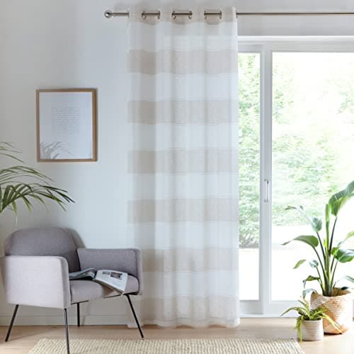 Image of Tyrone Textiles Santorini Voile Panel - Linen Look Panel with Horizontal Coloured Stripes with an Eyelet header (Natural, Drop - 90" (229cm))