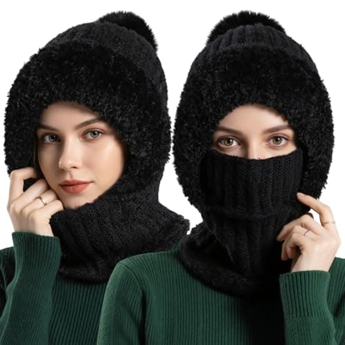 Image of Kunoli 3 in 1 Beanie Hat for Women, Winter Womens Knitted Hats with Neck Gaiter & Face Mask, Balaclava Hat and Scarf Set, with Hairball, Soft Thick Fleece Lined for Skiing, Hiking & Outdoor (Black)
