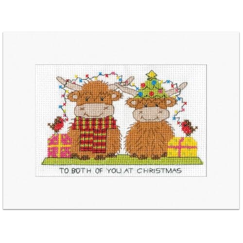 Image of Heritage Crafts Cross Stitch Card Kit - Highland Cow to Both of You - Counted Cross Stitch Christmas Card Kit