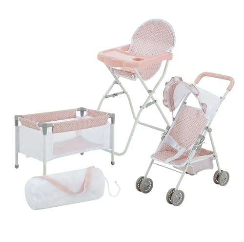 Image of Olivia's Little World Polka Dot Princess Baby Doll 3pc Nursery Set - Crib, High Chair & Stroller, Pink & Gray