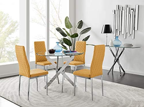 Image of Furniturebox UK Novara Modern Round Chrome Metal and Clear Glass Dining Table and 4 Stylish Faux Leather Chrome Leg Milan Dining Chairs Set (Dining Table + 4 Mustard Milan Chairs)