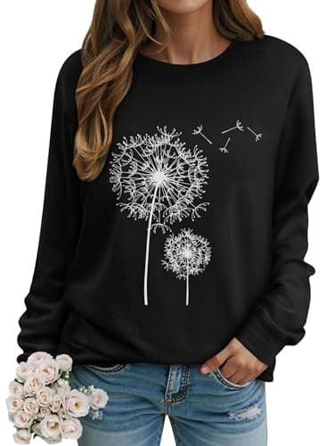 Image of Dresswel Women Dandelion Print Sweatshirt Crew Neck Long Sleeve Tops Basic Jumper Tunic Blouse Shirts(Black, 2XL)
