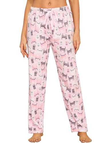 Image of ENJOYNIGHT Women's Pyjama Bottoms Soft Flannel Lounge Pants Plaid Pj Trousers with Drawstring (X-Large,Pink Cat)