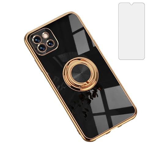 Image of Asuwish Phone Case for Samsung Galaxy A42 5G and Ring Holder Kickstand with Tempered Glass Screen Protector Cover Slim Silicone Cell Accessories Protective A 42 G5 42A S42 4G 2021 SM Women Men Black