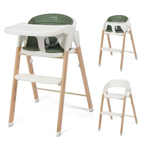 Image of Babylo Sit & Grow Highchair and Child Seat with Secure Harness & footrest, Removable Padded seat Liner and Tray for Easy Cleaning, White & Green