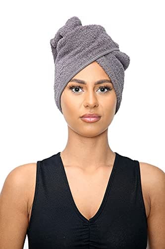 Image of Sapphire Collection Hair Drying Towels, 100% Pure Terry Towel Cotton Soft Hair Towel Wrap Hair Twist Turban Towel Absorbent Hair Cap Head Wrap Spa Towels with Loop & Button for Long Hairs (Grey)