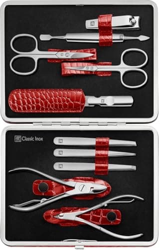 Image of ZWILLING Manicure Set (10 piece, complete set for fingernails and toenails, genuine leather case with metal frame), Polished Stainless Steel, Crocodile Edition, Red