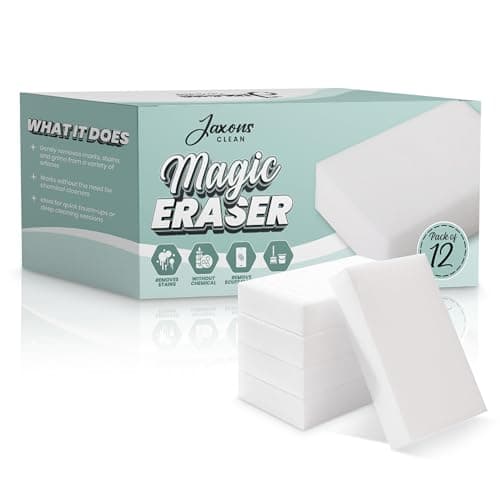 Image of Jaxons Clean Magic Eraser Sponges – 12 Pack, Heavy Duty Melamine Foam Cleaning Pads for Home, Kitchen, Bathroom, Walls, Baseboards, Size 4.7" x 2.5" x 1.2"