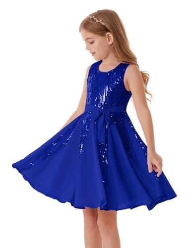 Image of GRACE KARIN Girls Sparkling Sequin Princess Dress Birthday Party Gown Summer Flower Girl Special Occasion Dress Festival Outfit Royal Blue 8-10 Years