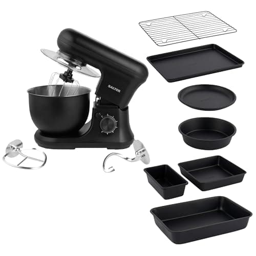 Image of Salter COMBO-9359 Kuro Stand Mixer – Electric Whisk with 7-Piece Stackable Bakeware Set, Dough Hook & Beater Attachments, 6 Speeds/Pulse, Non-Stick Baking Trays & Cooling Rack, Compact Storage, Black