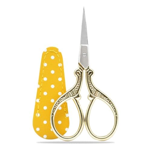 Image of Embroidery Scissors, Small Craft Stainless Steel Scissors for Sewing Threading Needlework Handicraft Trimming 1pcs with Fake Leather Scissors Cover - Gold