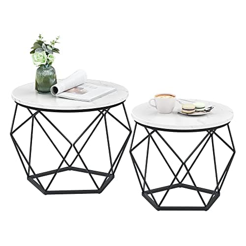 Image of VASAGLE Round Coffee Table, Set of 2, Side Table, Sofa End Table, Modern Style, Removable Top, Steel Frame, for Living Room, White and Black LET040B59