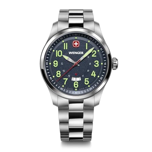 Image of Wenger Men’s Watch Terragraph Ø 43 mm, Swiss Made, Analogue Quartz, Water-Resistant up to 100 m, Stainless Steel Strap, Blue/Silver, 01.0541.123