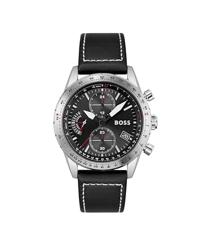 Image of BOSS Men's 44mm Chronograph Quartz Watch Pilot Edition Chrono with Black Dial, Black Leather Strap, Date Fuction, 3 Sub-Dials, 5ATM Water Resistance - 1513853