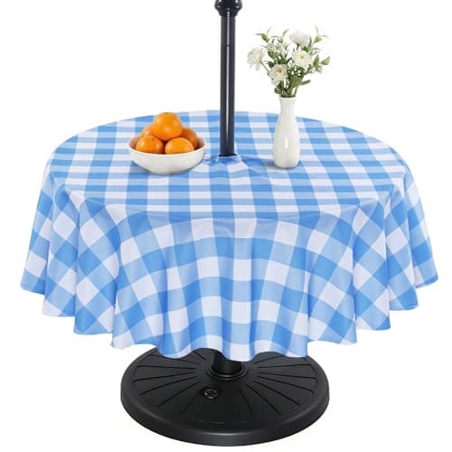 Image of Eternal Beauty 152cm Round Blue Checkered Indoor Outdoor Waterproof Tablecloth for Patio Garden Party and BBQ(60 Inch)