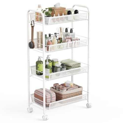 Image of WELDUN 4 Tier Storage Trolley, Rolling Cart, Mesh Storage Cart, Mobile Storage Trolley, Bedroom Kitchen Bathroom Living Room Storage Cart, Metal, White
