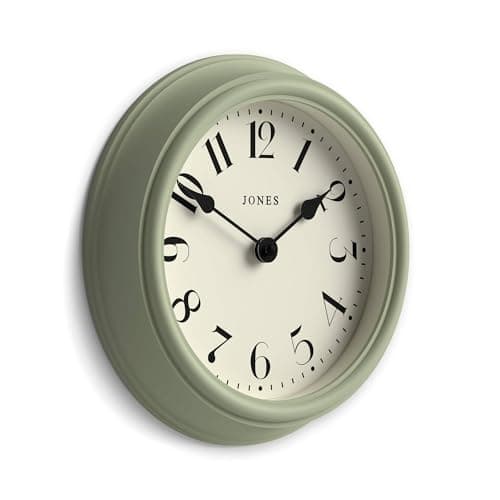 Image of Jones Clocks® Frieze wall clock | Small elegant classic round clock | 23cm | Sage green | Pretty design ideal for the kitchen, living room, bedroom, large or small spaces