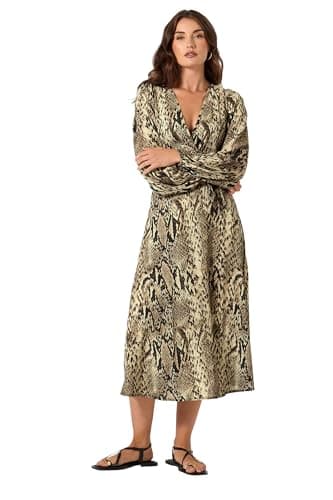 Image of Long Tall Sally - LTS Tall Beige Brown Snake Print Wrap Midi Dress - Women's