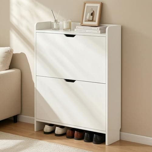Image of Slim Shoe Storage Cabinet, Flip Drawer Narrow Shoe Storage Unit,White Small Space Shoe Organiser with Top Shelf, Freestanding & Wall-Fitted for Entryway Hallway Living Room, Dust-Proof Shoe Rack