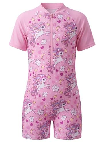 Image of Moneric Girls Swimming Costume Kids One Piece Swimsuit Unicorn Swimwear UV Protection Zipper Bathing Suit Rash Guard Surfing Beachwear Pink Age 3-4 Year
