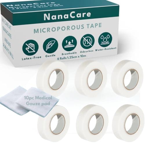 Image of Microporous Medical Tape Waterproof, 6 Rolls 1.25cm x 10m + 10pc Gauze Pads - Hypoallergenic Surgical Tape for Wound Care, Dressings & Face, First Aid Waterproof Bandage for Sensitive Skin - NanaCare