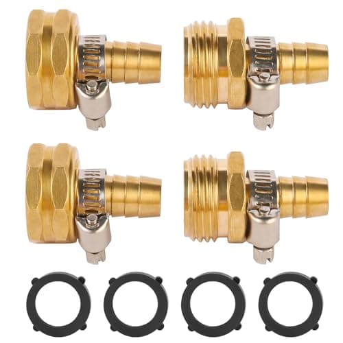 Image of Sanpaint,Brass Garden Hose Connector Repair Mender Kit with Stainless Clamp,Fits 1/2" Water Hose Fitting,2 Sets(1/2" Barb x 3/4" GHT)